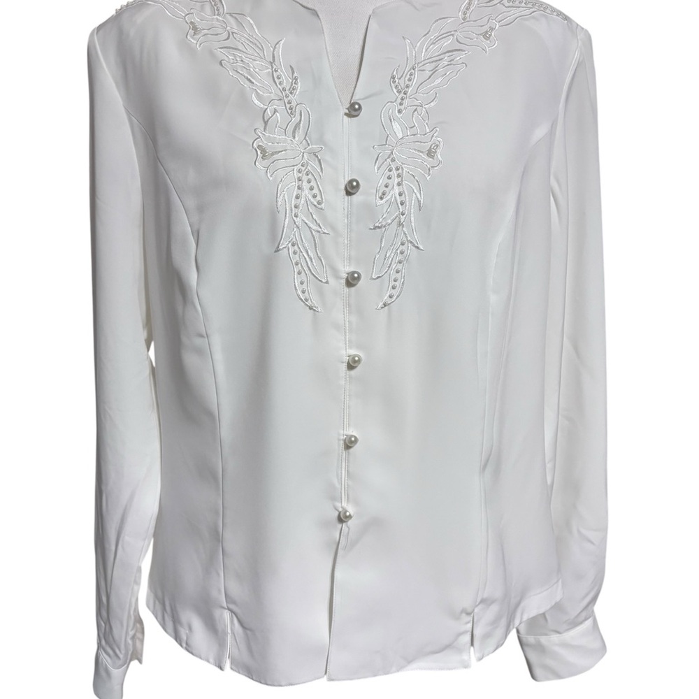 Liz Baker Ivory Embroidered Pearl Button Blouse Size 12